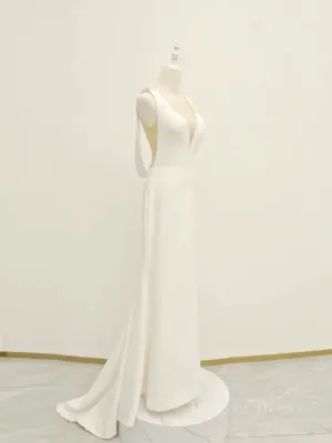 White v neck long prom dress white evening dress