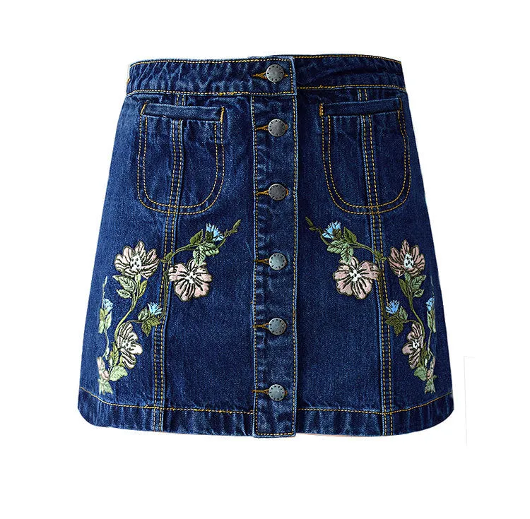 Women High Waist Slim Retro Breasted Denim Skirt Pastoral Three Dimensional Embroidered A Line Skirt