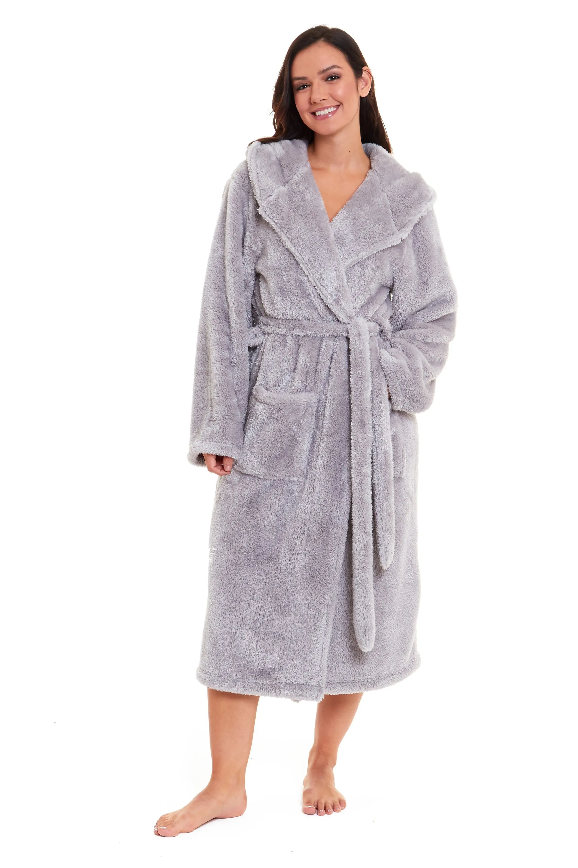 Women's Grey Velvet Touch Hooded Fleece Robe Luxurious Soft Snuggle Lounge Wear Cosy Durable Nightwear UK Sizes 8-22 by Daisy Dreamer