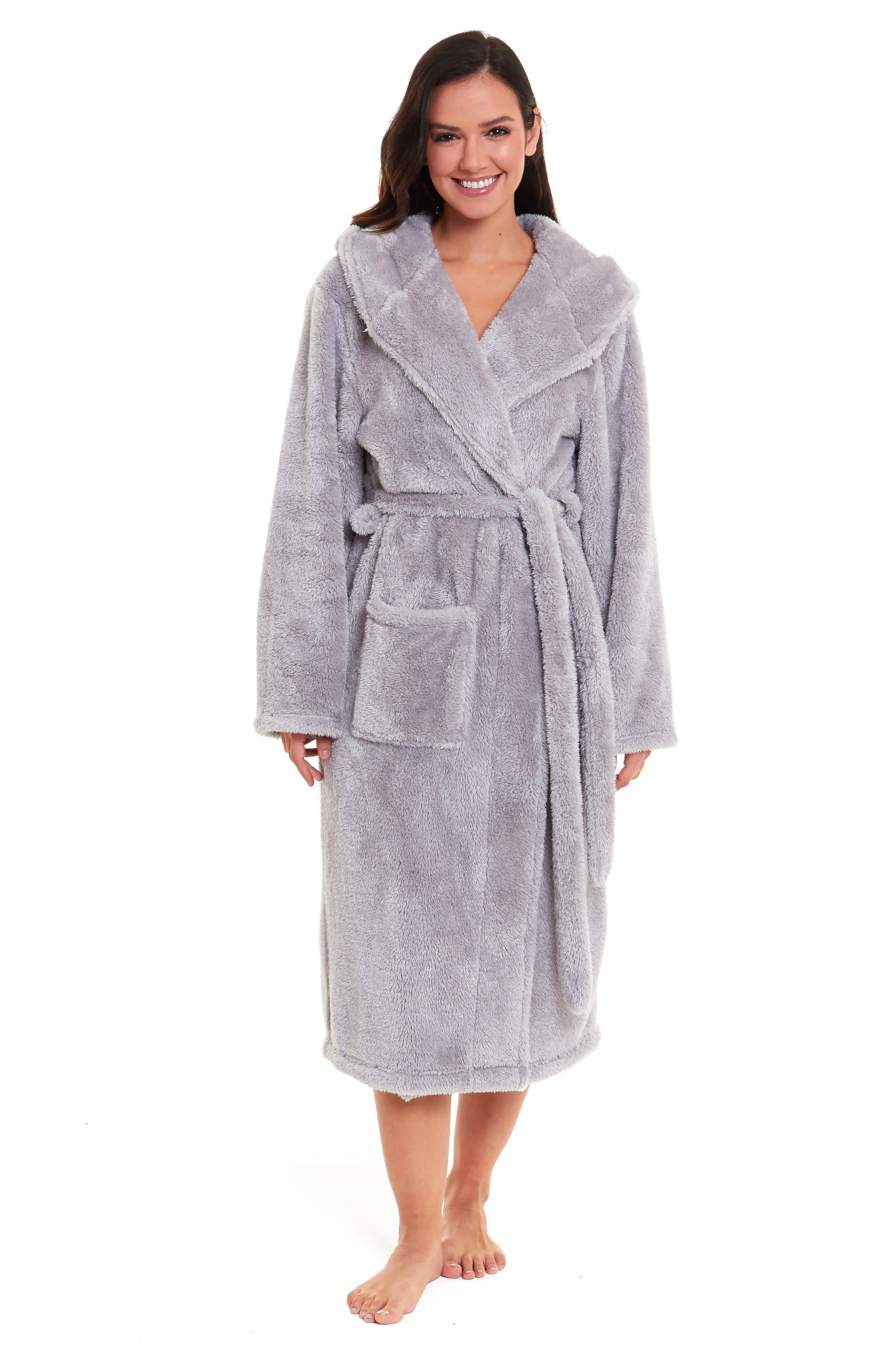 Women's Grey Velvet Touch Hooded Fleece Robe Luxurious Soft Snuggle Lounge Wear Cosy Durable Nightwear UK Sizes 8-22 by Daisy Dreamer