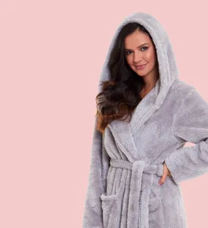 Women's Grey Velvet Touch Hooded Fleece Robe Luxurious Soft Snuggle Lounge Wear Cosy Durable Nightwear UK Sizes 8-22 by Daisy Dreamer