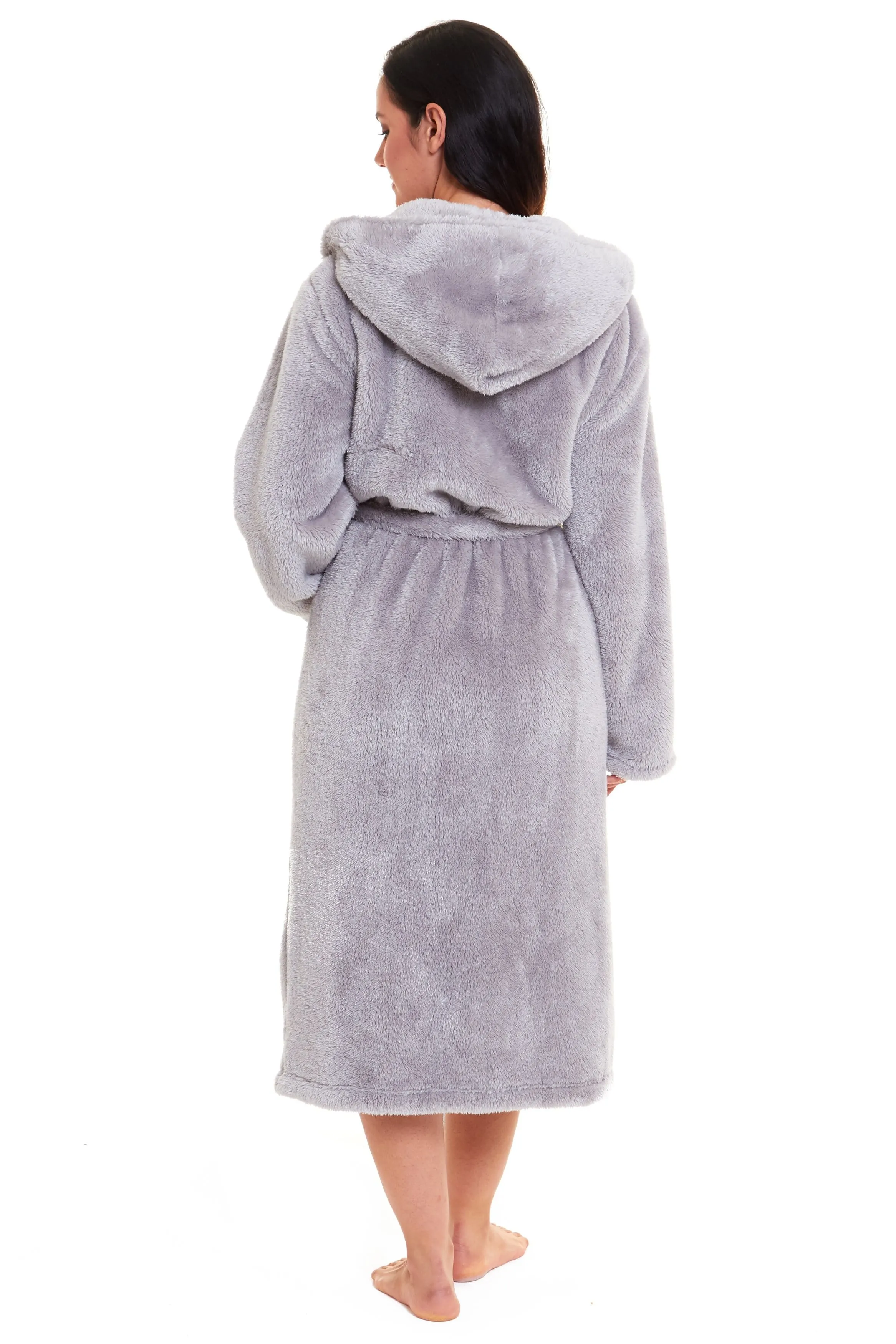 Women's Grey Velvet Touch Hooded Fleece Robe Luxurious Soft Snuggle Lounge Wear Cosy Durable Nightwear UK Sizes 8-22 by Daisy Dreamer