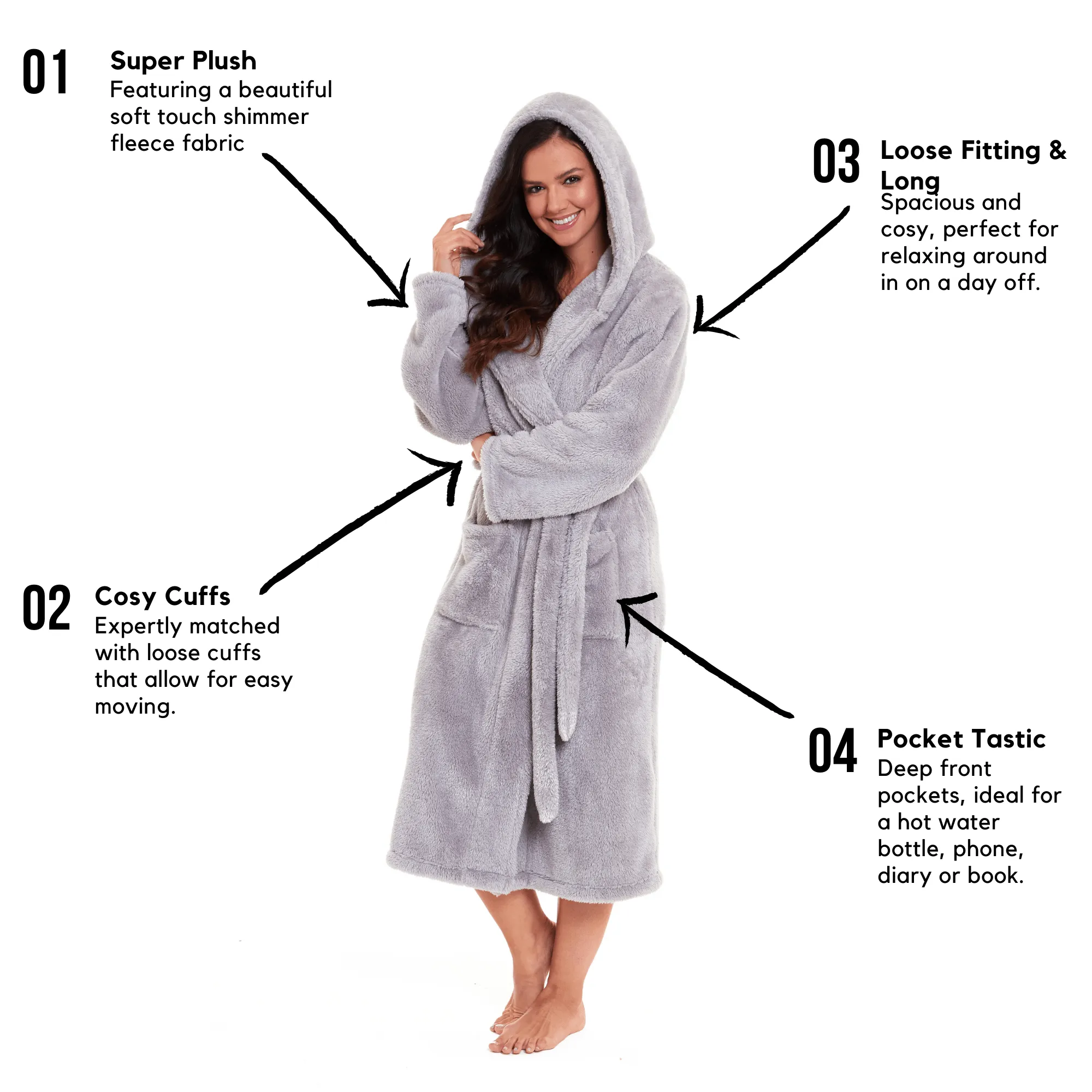 Women's Grey Velvet Touch Hooded Fleece Robe Luxurious Soft Snuggle Lounge Wear Cosy Durable Nightwear UK Sizes 8-22 by Daisy Dreamer