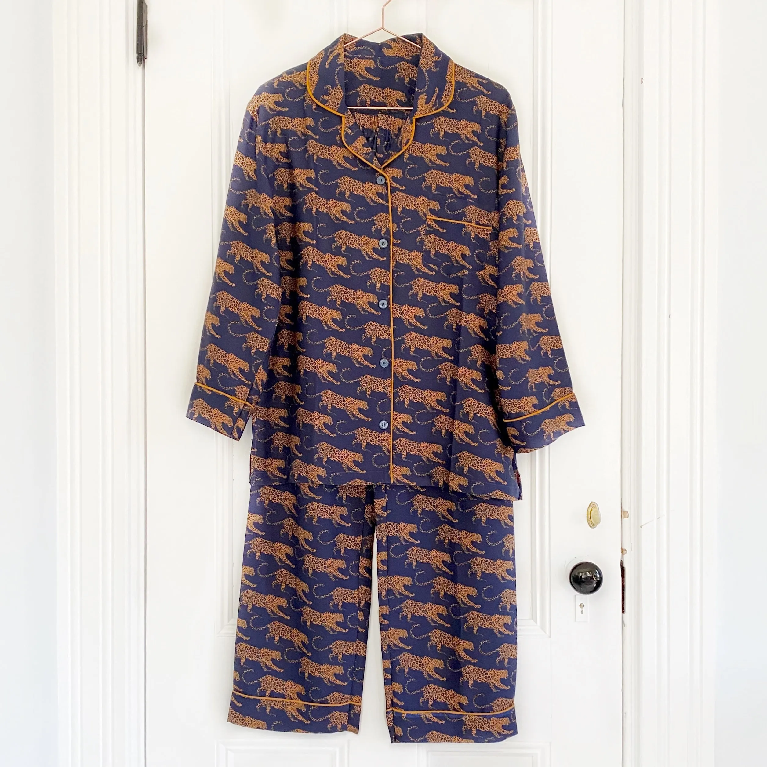 Women's Navy Leopard Washable Silk Pajamas